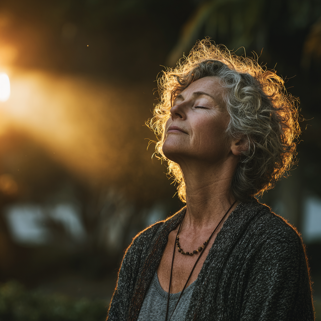 Peaceful middle-aged woman in her early 50s practicing yoga meditation pose outdoors in serene natural setting with soft morning light
