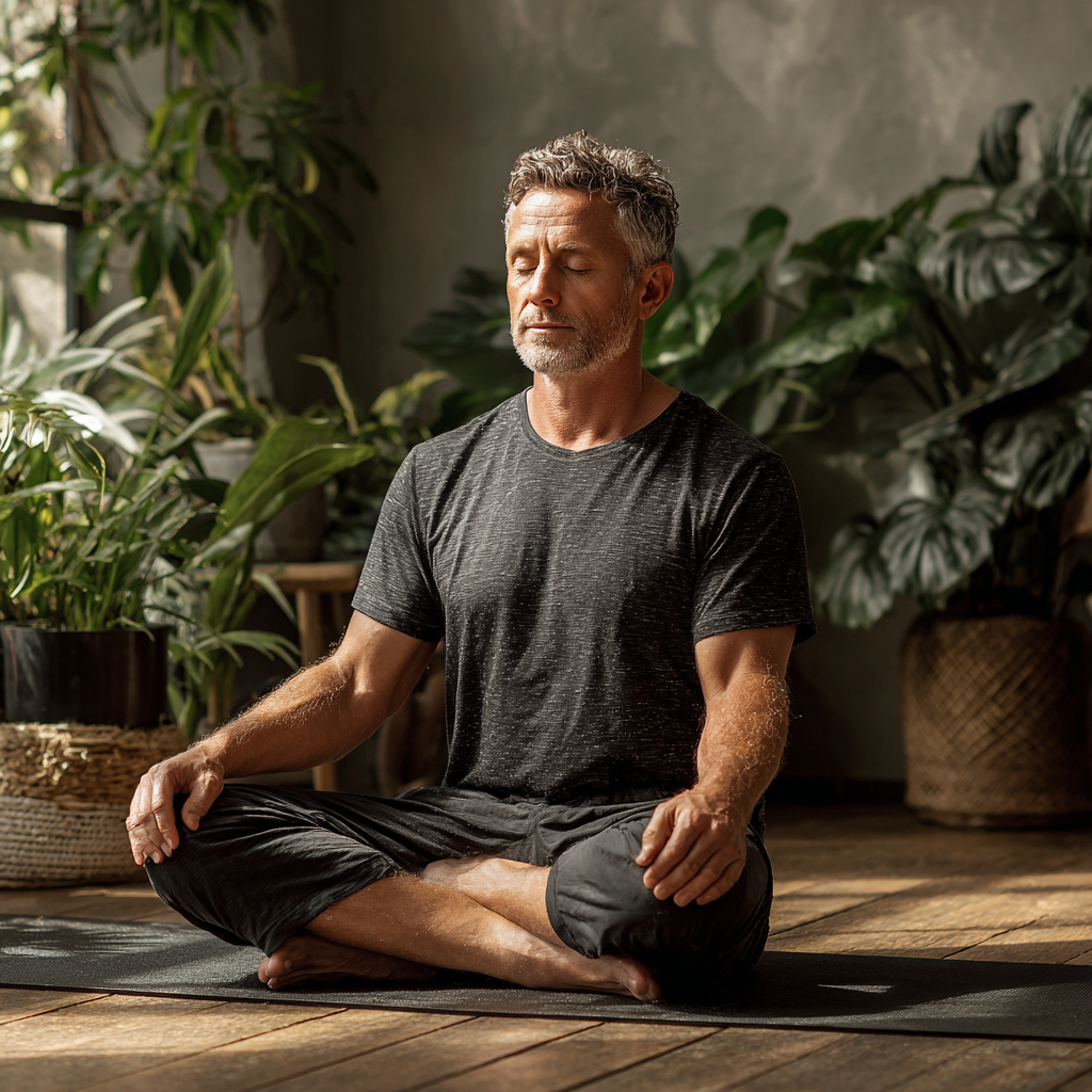 Serene mature man in his late 40s practicing mindful yoga stretching pose in peaceful studio environment with natural lighting and plants